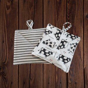 Handmade Potholder, Set of 2, Reversible Cows and White and Black Ticking